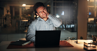 Buy stock photo Neck pain, businessman and night in office on laptop for finance review, deadline or research. Strain, working late and person on computer with fatigue, exhausted and muscle ache for financial report