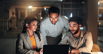 Buy stock photo Laptop, discussion and business people in office at night with creative project in collaboration. Feedback, tech and manager with magazine editors for advice, publishing deadline or article on web