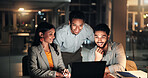 Laptop, feedback and business people in office at night with creative project in collaboration. Discussion, tech and manager with magazine editors for advice, publishing deadline or article on web