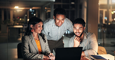 Buy stock photo Laptop, feedback and business people in office at night with creative project in collaboration. Discussion, tech and manager with magazine editors for advice, publishing deadline or article on web