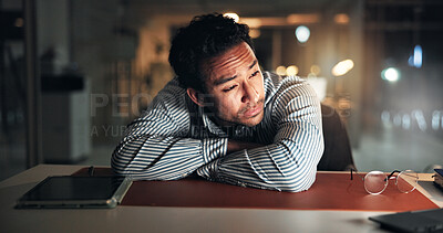 Buy stock photo Tech, tired man and wake up in office at night with editing burnout, mental fatigue and brain fog. Laptop, exhausted journalist and nap at agency with low energy, narcolepsy and overworked on article