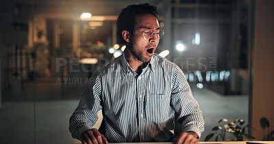 Buy stock photo Night, man and tired with yawn in office for publication burnout, mental fatigue or time management. Bokeh, journalist and exhausted at media agency with low energy, brain fog and overworked on blog