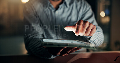 Buy stock photo Tablet, hands and businessman in office at night with finance report for budget planning deadline. Digital technology, overtime and financial manager with feedback on investment deal in workplace.