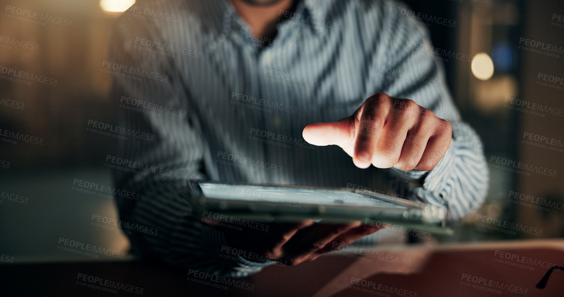 Buy stock photo Tablet, hands and businessman in office at night with finance report for budget planning deadline. Digital technology, overtime and financial manager with feedback on investment deal in workplace.