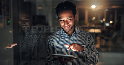 Buy stock photo Tablet, happy and businessman in office at night with finance report for budget planning deadline. Digital technology, overtime and financial manager with feedback on investment deal in workplace.