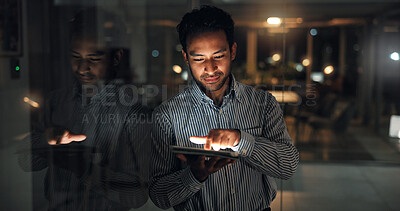 Buy stock photo Tablet, contact and businessman in office at night with finance report for budget planning deadline. Digital technology, overtime and financial manager with feedback on investment deal in workplace.