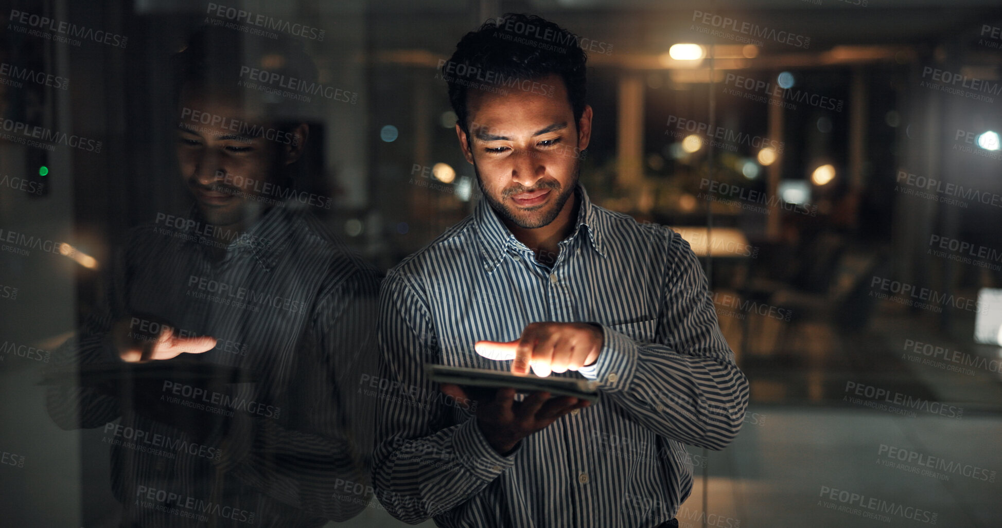Buy stock photo Tablet, contact and businessman in office at night with finance report for budget planning deadline. Digital technology, overtime and financial manager with feedback on investment deal in workplace.