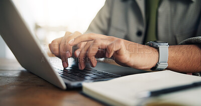 Buy stock photo Typing, laptop and hands of business person in office for event planning, venue research and email. Project organizer, campaign administration and online proposal with employee in agency for review