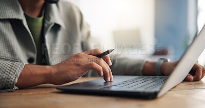 Buy stock photo Search, laptop and hands of business person in office for event planning, venue research and email. Project organizer, campaign administration and online proposal with employee in agency for review