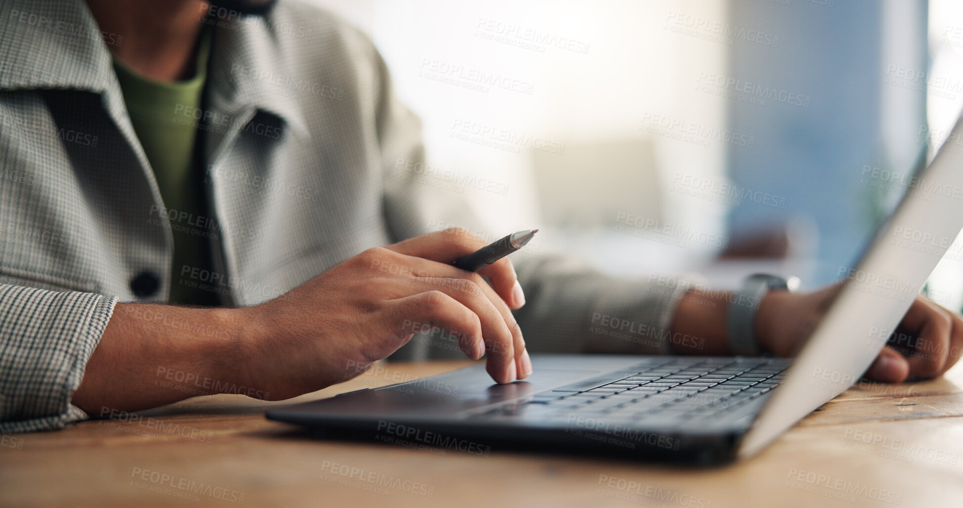 Buy stock photo Search, laptop and hands of business person in office for event planning, venue research and email. Project organizer, campaign administration and online proposal with employee in agency for review
