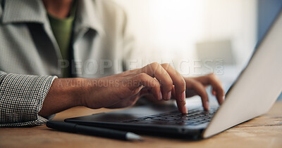 Buy stock photo Hands, person and typing with laptop in office for research, proofreading and copywriting report. Journalist, keyboard and pc for editor feedback, article submission and verify source for publication
