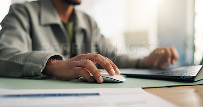 Buy stock photo Laptop, mouse and hands of business man in office for online project, finance report and research. Professional, typing and person on computer for financial review, proposal and planning at desk