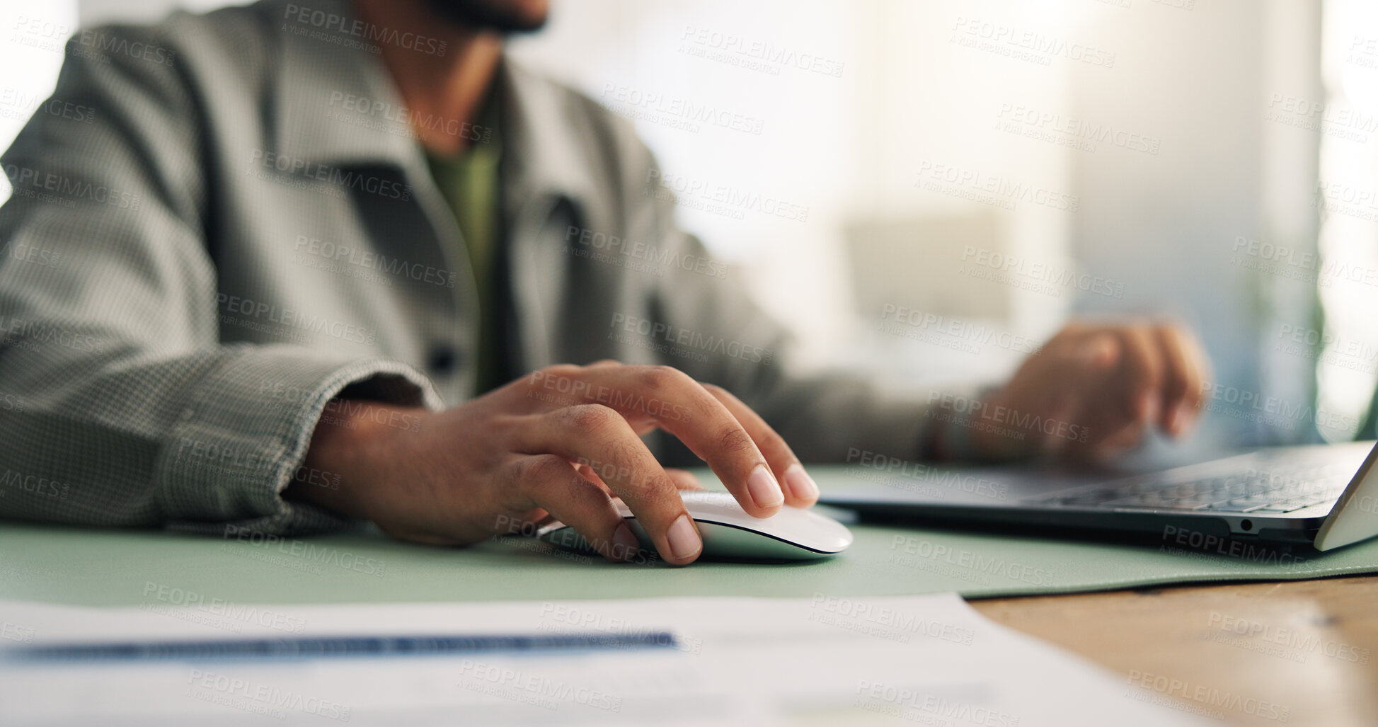 Buy stock photo Laptop, mouse and hands of business man in office for online project, finance report and research. Professional, typing and person on computer for financial review, proposal and planning at desk