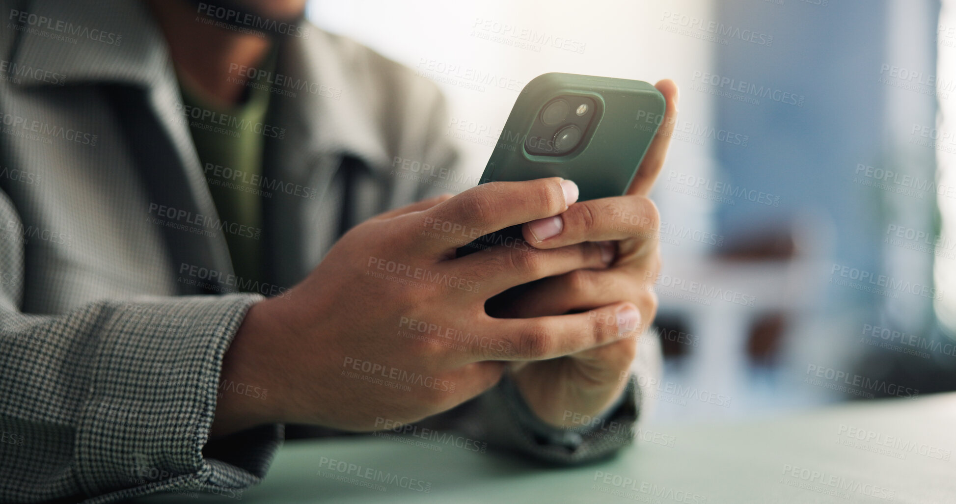 Buy stock photo Phone, chat and hands of business person in office for account manager, virtual advisor and contact. Communication, online portfolio and networking with employee and mobile for text message and app