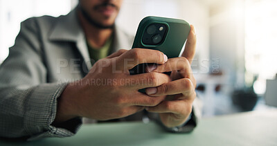 Buy stock photo Phone, contact and hands of business person in office for account manager, virtual advisor and typing. Communication, online portfolio and networking with employee and mobile for text message