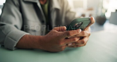 Buy stock photo Phone, texting and hands of business person in office for account manager, virtual advisor and contact. Communication, online portfolio and networking with employee and mobile for typing and chat