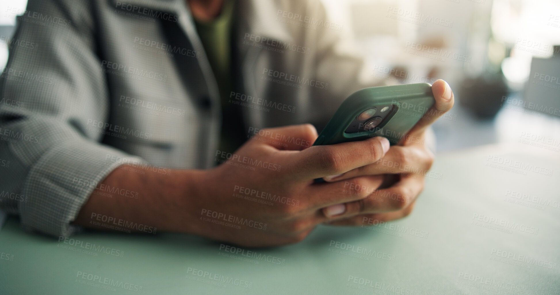 Buy stock photo Phone, texting and hands of business person in office for account manager, virtual advisor and contact. Communication, online portfolio and networking with employee and mobile for typing and chat