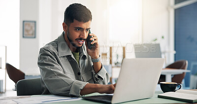 Buy stock photo Laptop, phone call and businessman in office with contact for finance deal with client. Computer, cellphone and male financial advisor on mobile discussion for investment proposal in workplace.
