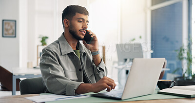 Buy stock photo Laptop, phone call and businessman in office with communication for finance deal with client. Computer, cellphone and male financial advisor on mobile discussion for investment proposal in workplace.