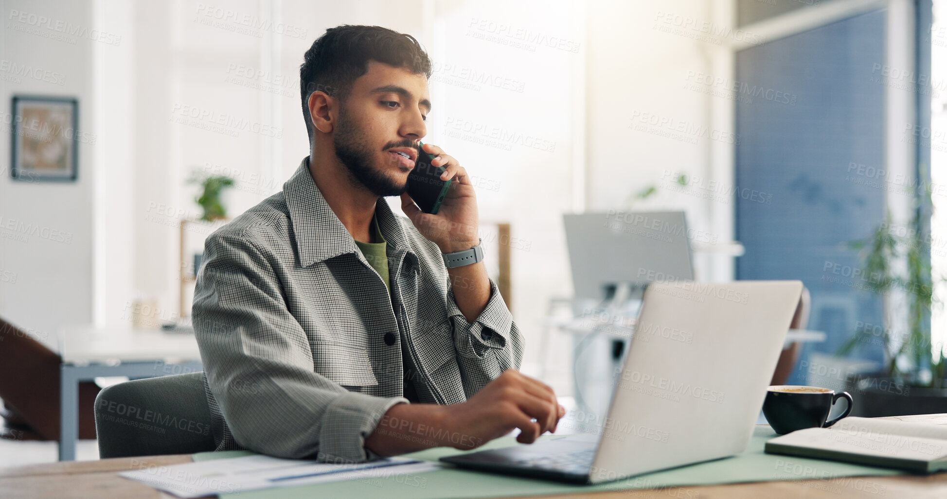 Buy stock photo Laptop, phone call and businessman in office with communication for finance deal with client. Computer, cellphone and male financial advisor on mobile discussion for investment proposal in workplace.