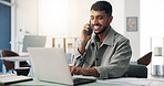 Laptop, happy and businessman on phone call in office with communication for finance deal with client. Computer, cellphone and male financial advisor on mobile discussion for investment feedback.