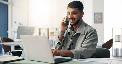 Buy stock photo Laptop, happy and businessman on phone call in office with communication for finance deal with client. Computer, cellphone and male financial advisor on mobile discussion for investment feedback.