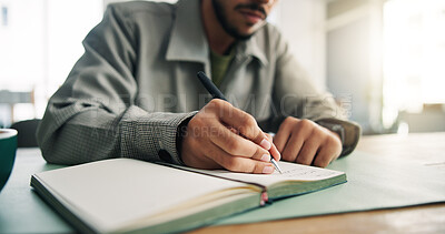 Buy stock photo Writing, project and hands with notebook, office and planning for ad campaign, creative and schedule. Business, copywriter and person with journal for research, ideas and notes for article on desk