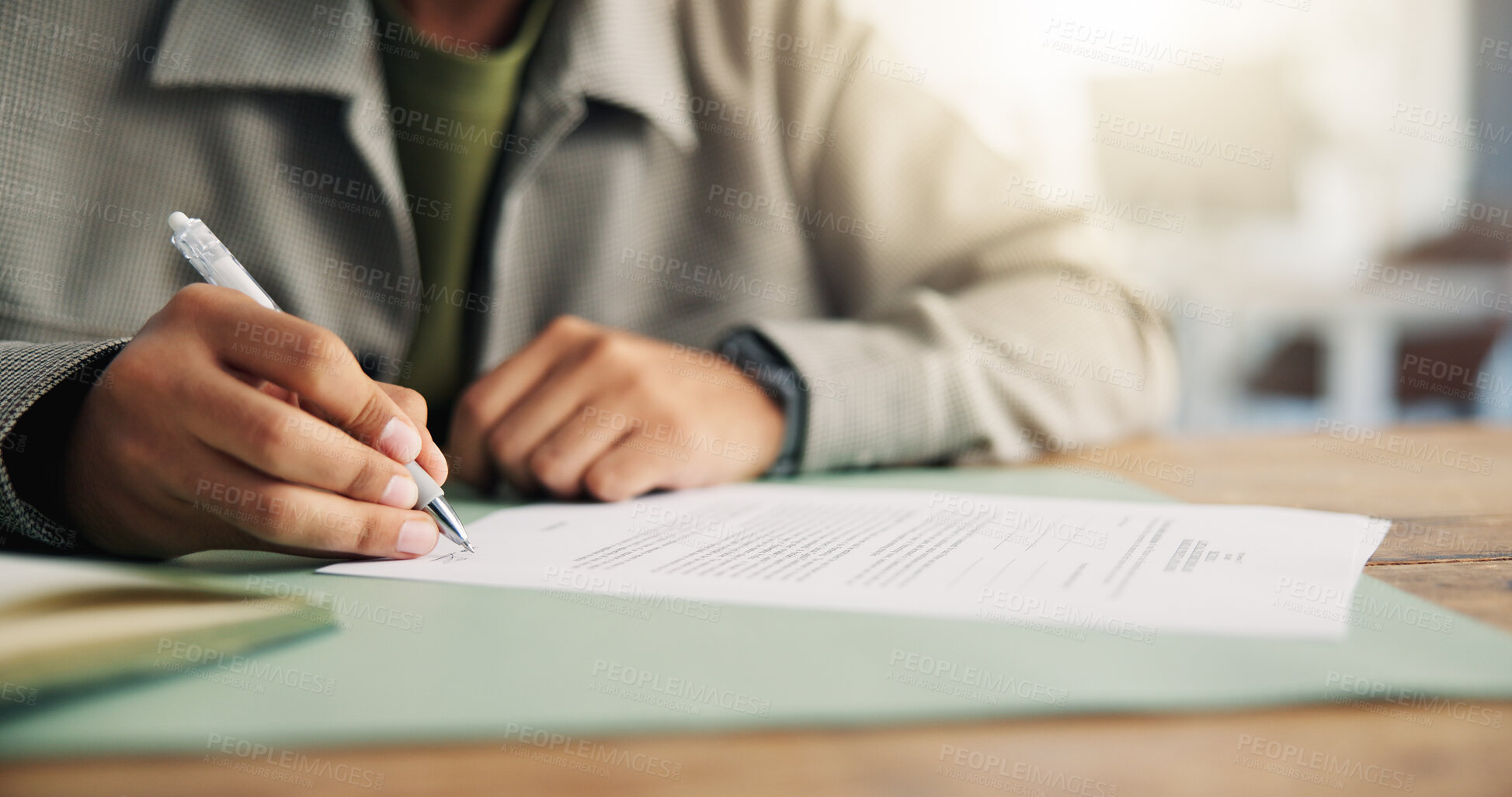 Buy stock photo Sign, documents and hands of business man in office for onboarding, company policy and agreement. Startup, agency and person with paperwork, signature and pen for recruitment, hiring and contract