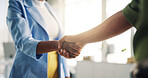Business people, meeting and partnership with handshake in office for agreement or deal together. Employees, colleagues or shaking hands with flare for greeting, b2b or introduction in workplace 