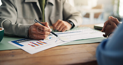 Buy stock photo Documents, meeting and hands of business people in office with finance graphs, statistics or charts. Discussion, paperwork and financial manager with client for investment information in workplace.