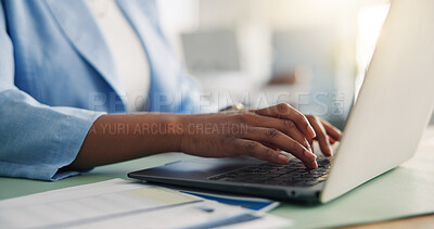 Buy stock photo Laptop, paperwork and hands of business woman in office for online project, finance report and research. Accounting, typing and person on computer for financial review, proposal and planning at desk