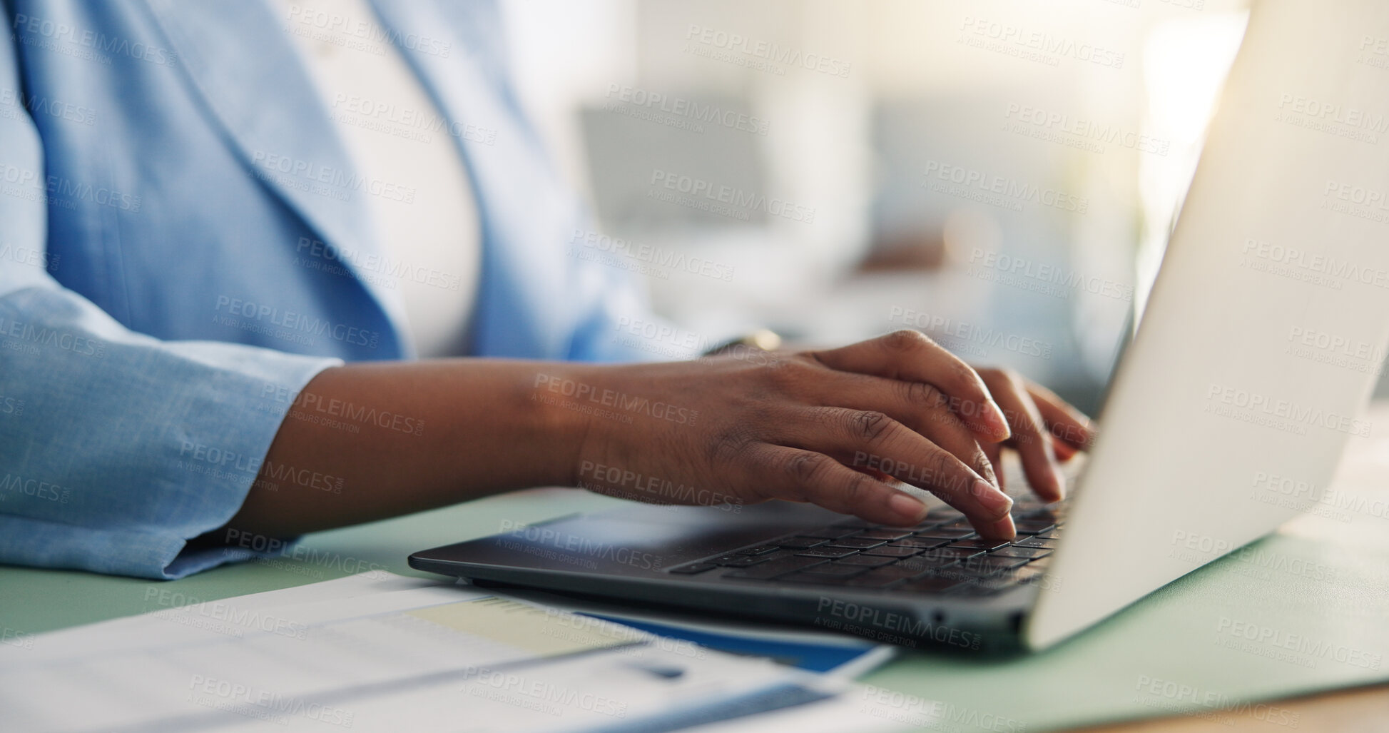 Buy stock photo Laptop, paperwork and hands of business woman in office for online project, finance report and research. Accounting, typing and person on computer for financial review, proposal and planning at desk