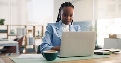Buy stock photo Creative, employee and woman with laptop, office and journalist with article on website and project. Newsroom, reporter and black person with technology for story publication, online and productivity