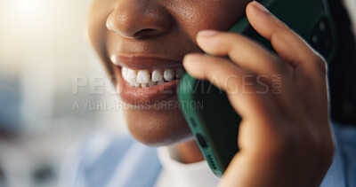 Buy stock photo Creative agency, mouth and woman in office, phone call or smile with digital app for online interview. Closeup, person or journalist in workplace, cellphone or happy with communication or listening