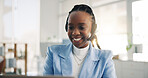 Happy, black woman and consultant with headset in call center for customer service or online advice. Female person, friendly agent or smile with mic for virtual assistance, help or telemarketing