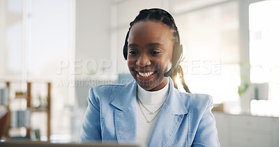 Buy stock photo Happy, black woman and consultant with headset in call center for customer service or online advice. Female person, friendly agent or smile with mic for virtual assistance, help or telemarketing