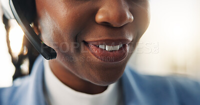 Buy stock photo Black woman, mouth and consultant with mic in call center for customer service or online advice. Closeup, female person or agent talking with headset for virtual assistance, help or telemarketing