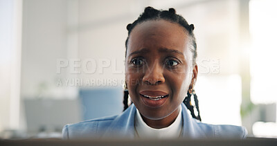 Buy stock photo Investor, stress or black woman in office, laptop or online reading for stock market crash. African person, financial crisis or employee in workplace, pc or anxiety for debt, frustrated or bankruptcy