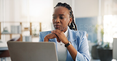 Buy stock photo Creative, reading and woman with laptop, office and journalist with article on website and magazine. Serious, reporter and black person with tech for story, publication and review draft in newsroom