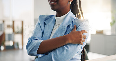 Buy stock photo Hands, shoulder pain and stress with injury at startup, arthritis or muscle fatigue at media company. Person, joint ache and frustrated with strain, exhausted and burnout with job at creative agency