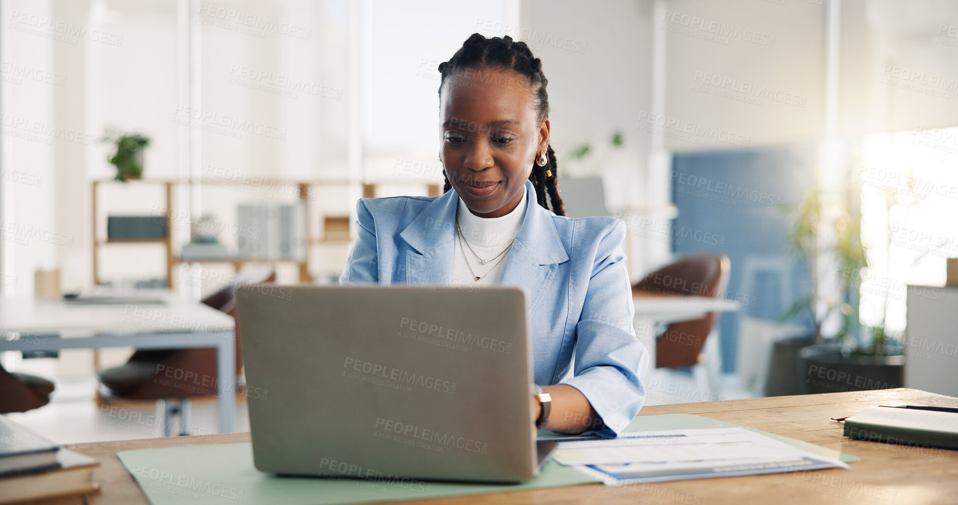 Buy stock photo Typing, laptop and reading with business black woman for event planning, venue research and email. Project organizer, campaign administration and online proposal with employee in agency for review