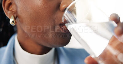 Buy stock photo Hands, drinking water and closeup at office with break, wellness and hydration at startup company. Person, glass and liquid with benefits, detox and gut health with electrolytes at creative agency