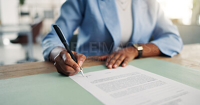 Buy stock photo Business woman, hands and documents with signature for company agreement, policy or contract. Female person, employee or writing with application or form for recruitment process or deal in office