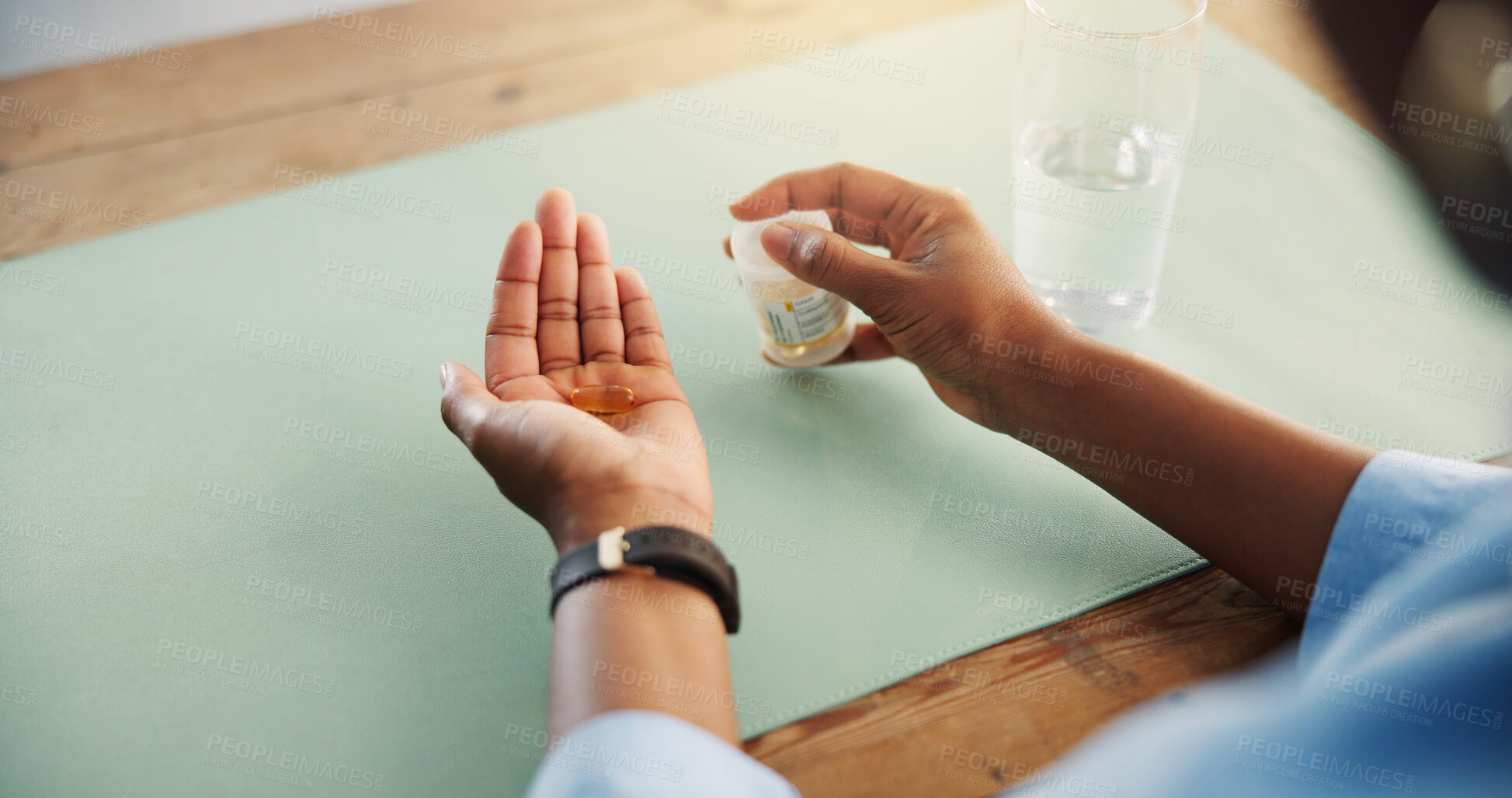 Buy stock photo Hands, pills and glass at office for wellness, supplement or self care with medicine at startup company. Person, pharmaceutical drugs and water for benefits, antibiotics or tablet at creative agency