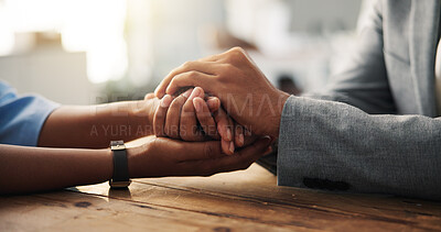 Buy stock photo Corporate, people and holding hands for comfort in office with support, reassurance and empathy. Employees, consoling and understanding with partnership, stress management and disciplinary action
