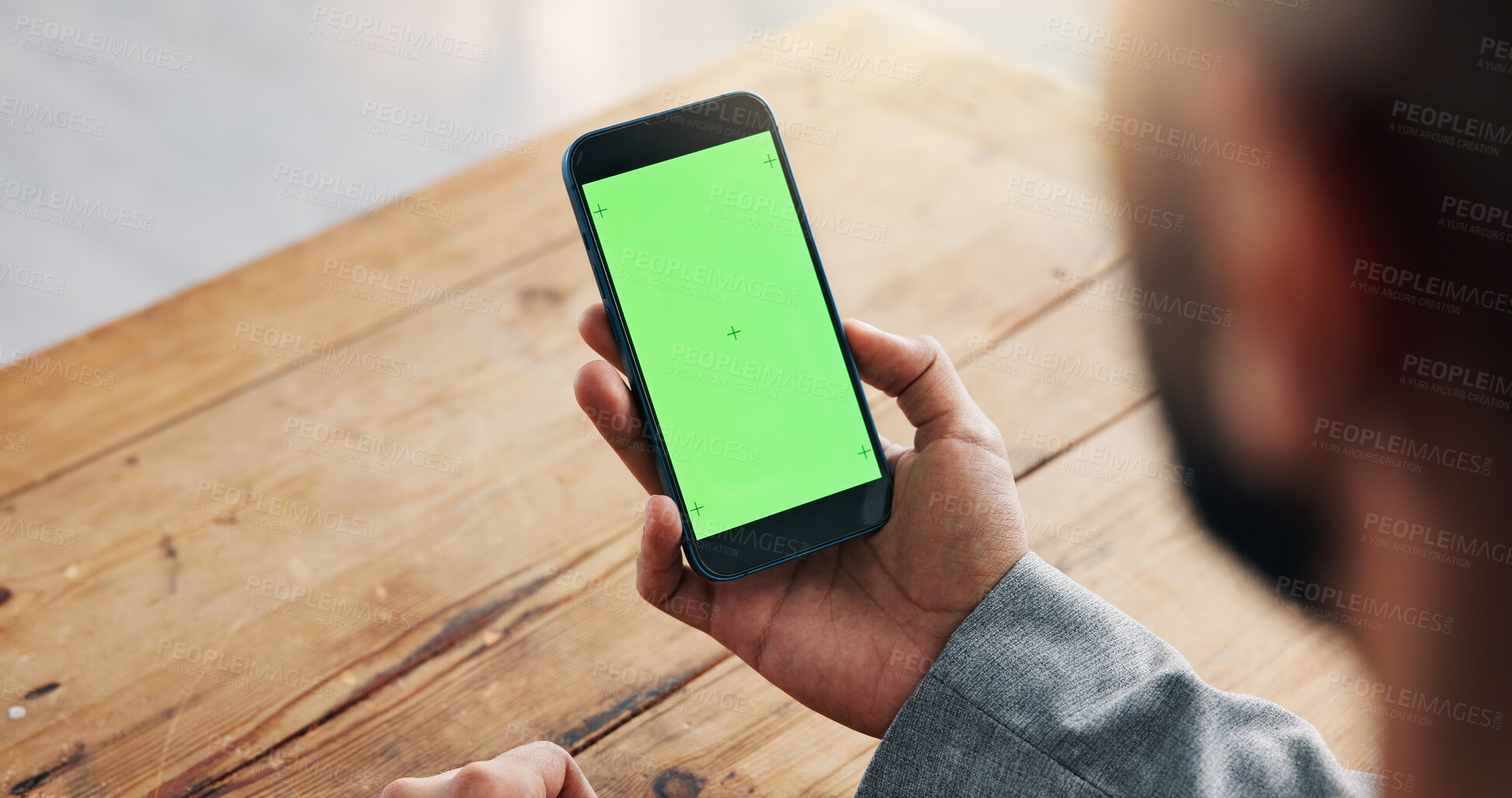 Buy stock photo Green screen, office and hands of man with phone for business website, notification and mobile app. Chromakey, mockup space and person on smartphone for email, communication and research on internet