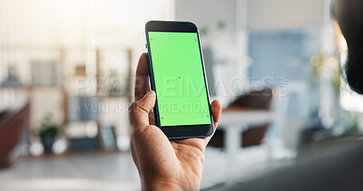 Buy stock photo Green screen, office and hands of person with phone for business website, notification or mobile app. Chromakey, mockup space and worker on smartphone for news, communication or research on internet