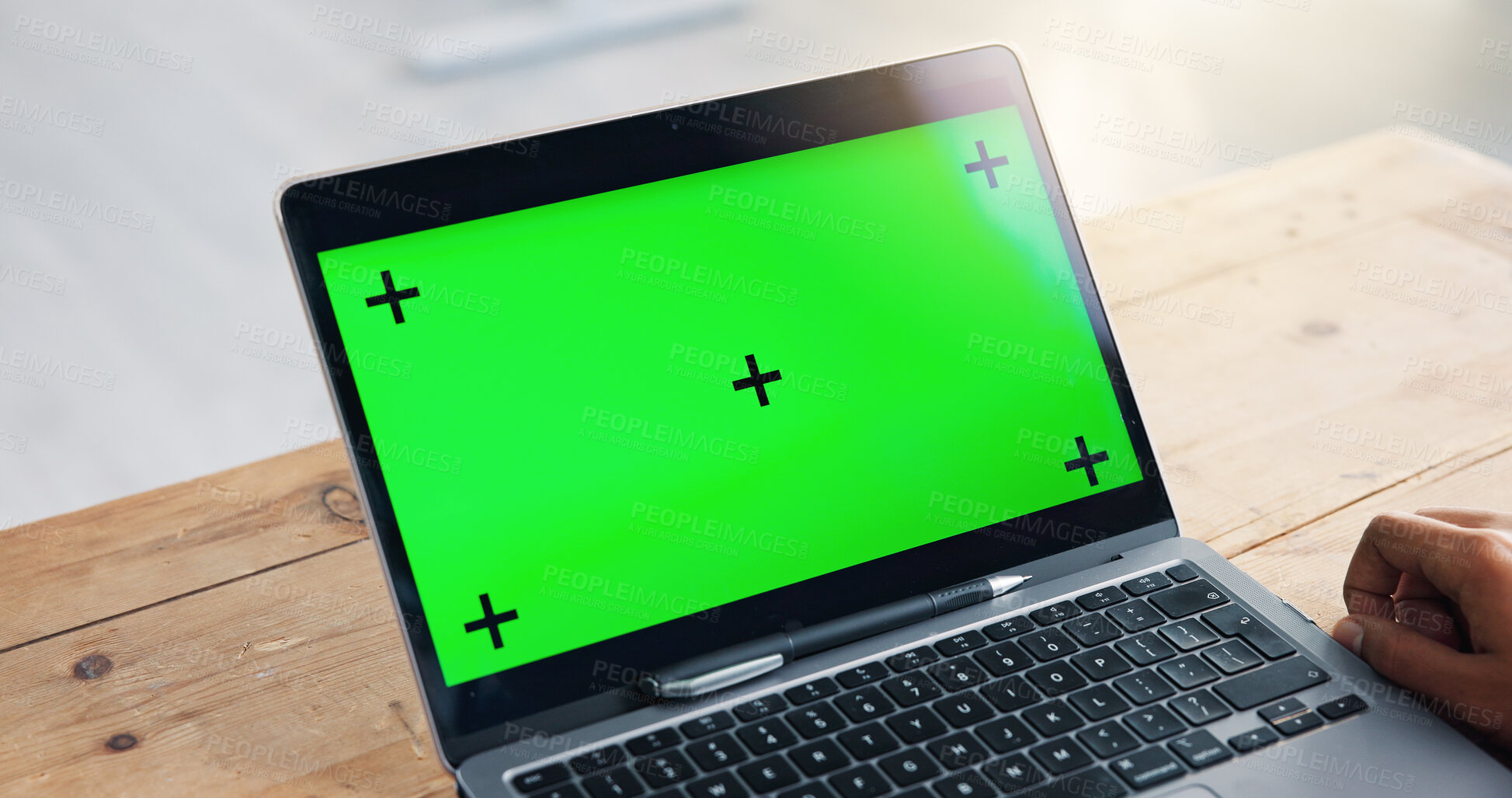 Buy stock photo Green screen, office and worker with laptop at desk for business website, announcement and internet. Chromakey, mockup space and person on computer for email, communication and research for planning