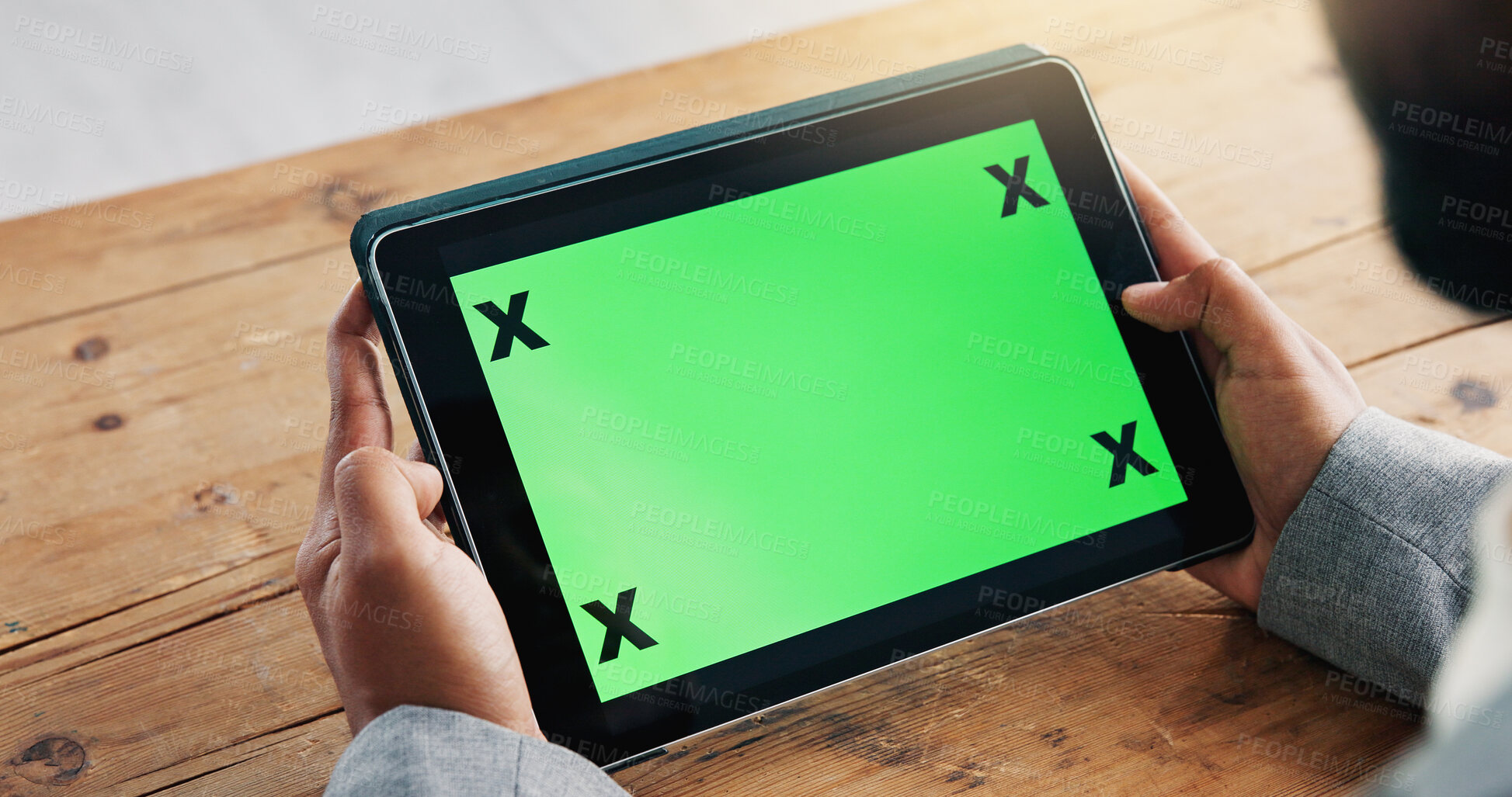 Buy stock photo Green screen, desk and hands of man on tablet for business website, notification and news. Chromakey, mockup space and person on digital tech for networking, connection and research on internet