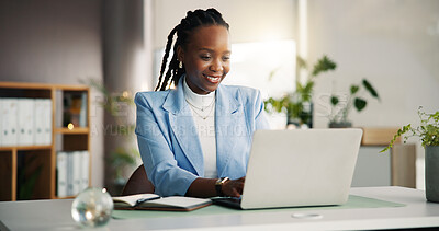 Buy stock photo Smile, black woman and reading with laptop in office for research, proofreading and copywriting report. Business, person and pc for editor feedback, article submission and information for publication